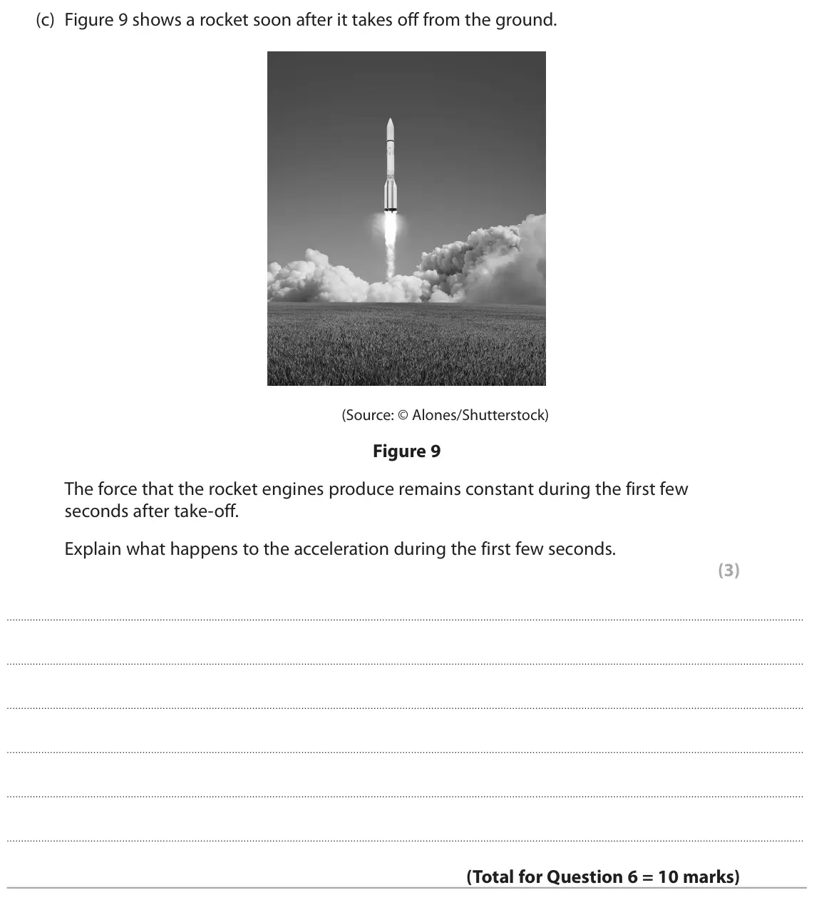 November 2021 Paper 1 Higher, question 6(c): Figure 9 shows a rocket soon after it takes off from the ground. (Source: © Alones/Shutterstock) Figure 9 The force that the rocket engines produce remains cons