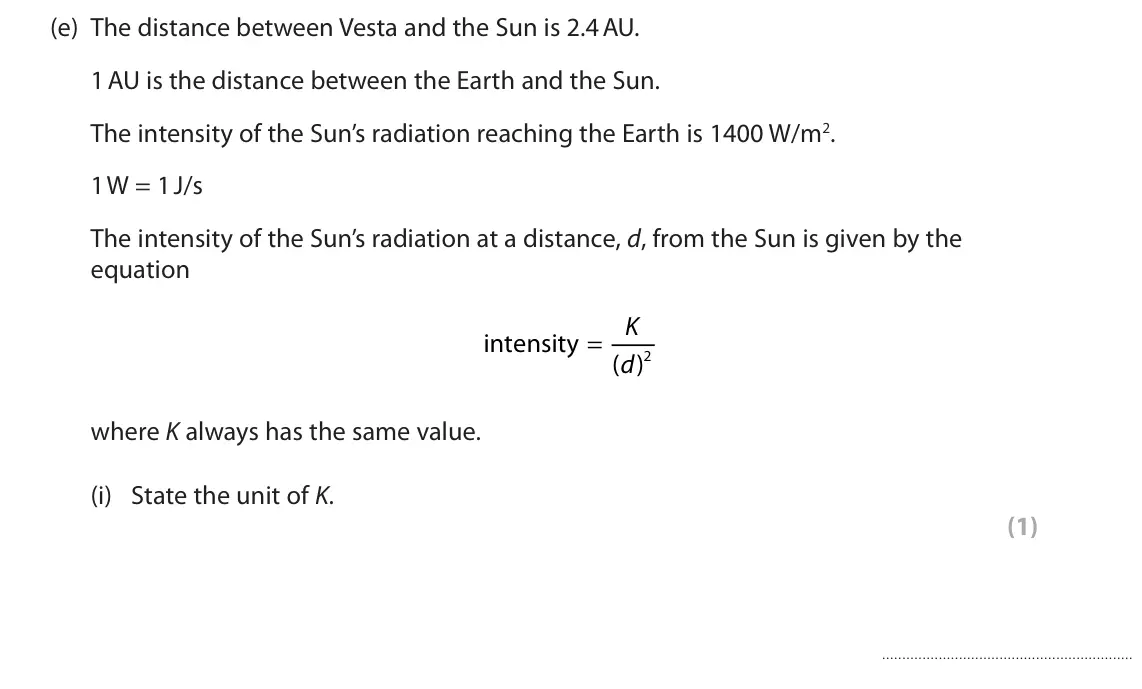 November 2021 Paper 1 Higher, question 8(e)(i): State the unit of K. (1)