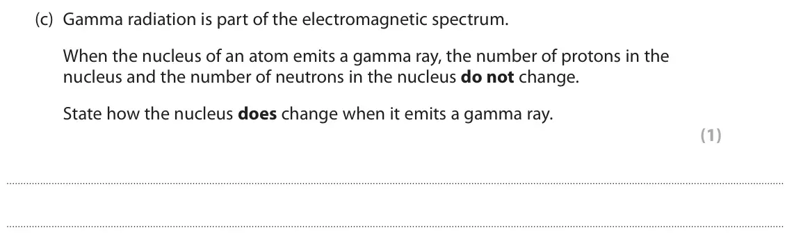 November 2021 Paper 1 Higher, question 9(c): Gamma radiation is part of the electromagnetic spectrum. When the nucleus of an atom emits a gamma ray, the number of protons in the nucleus and the number of n