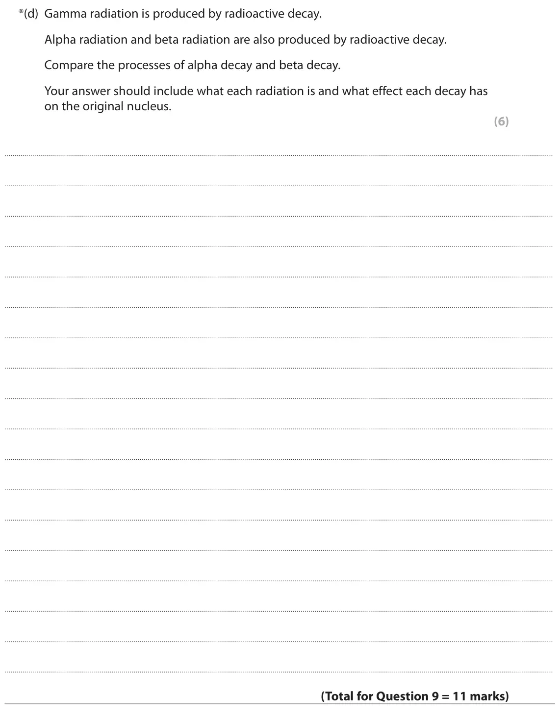 November 2021 Paper 1 Higher, question 9(d): Gamma radiation is produced by radioactive decay. Alpha radiation and beta radiation are also produced by radioactive decay. Compare the processes of alpha deca