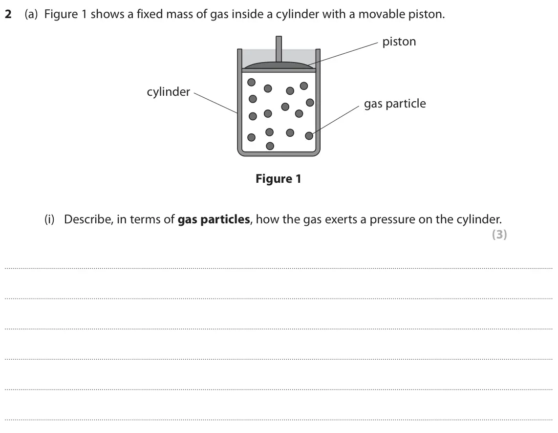 June 2018 Paper 2 Foundation, question 2(a)(i): Describe, in terms of gas particles, how the gas exerts a pressure on the cylinder. (3)