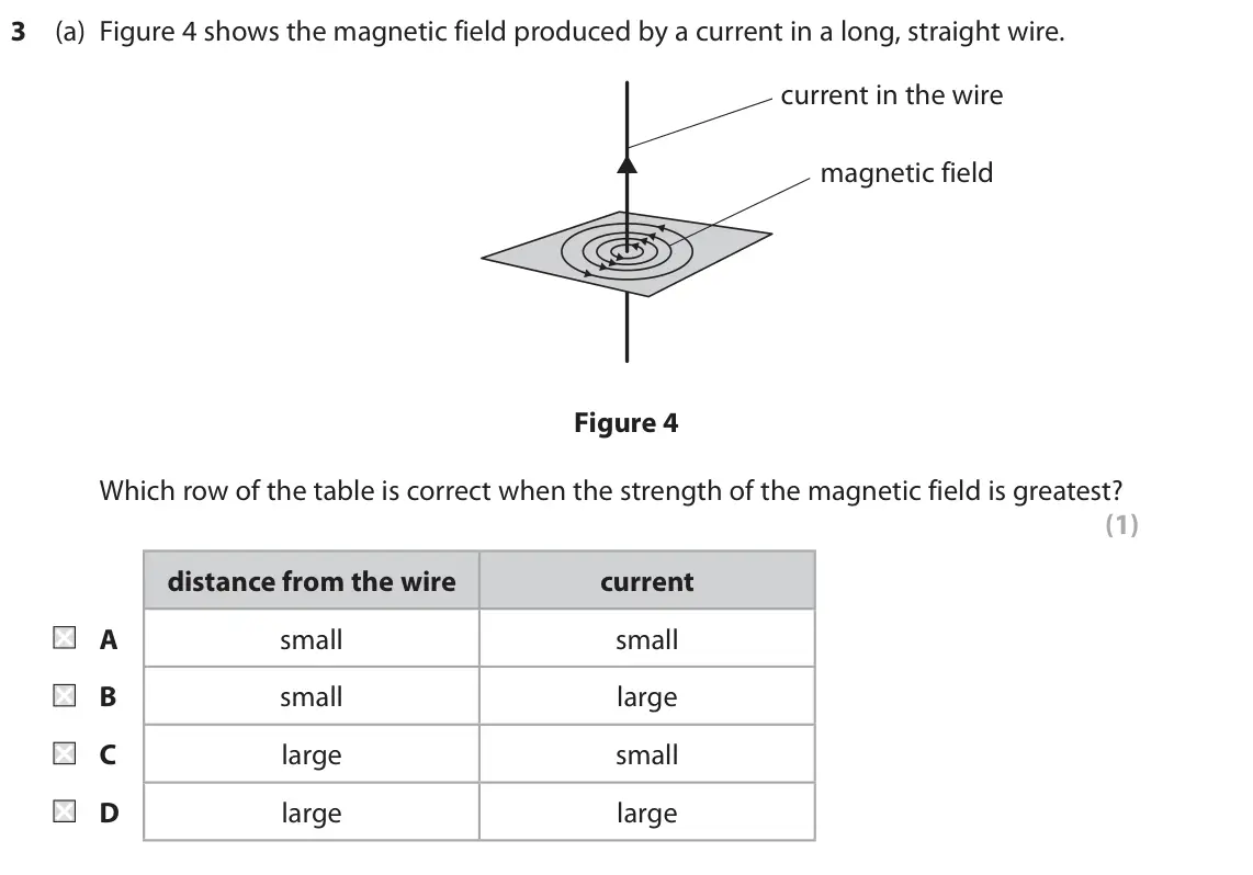 June 2018 Paper 2 Foundation, question 3(a): Figure 4 shows the magnetic field produced by a current in a long, straight wire. current in the wire magnetic field Figure 4 Which row of the table is correct