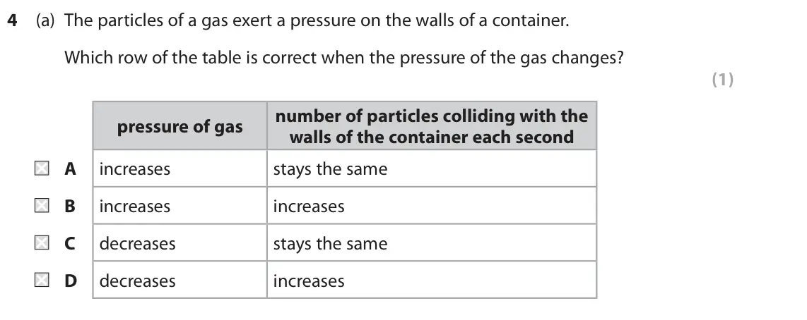 June 2019 Paper 2 Foundation, question 4(a): The particles of a gas exert a pressure on the walls of a container. Which row of the table is correct when the pressure of the gas changes? (1) number of parti