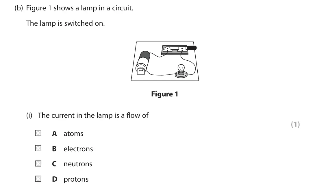 June 2022 Paper 2 Foundation, question 1(b)(i): The current in the lamp is a flow of (1) A atoms B electrons C neutrons D protons