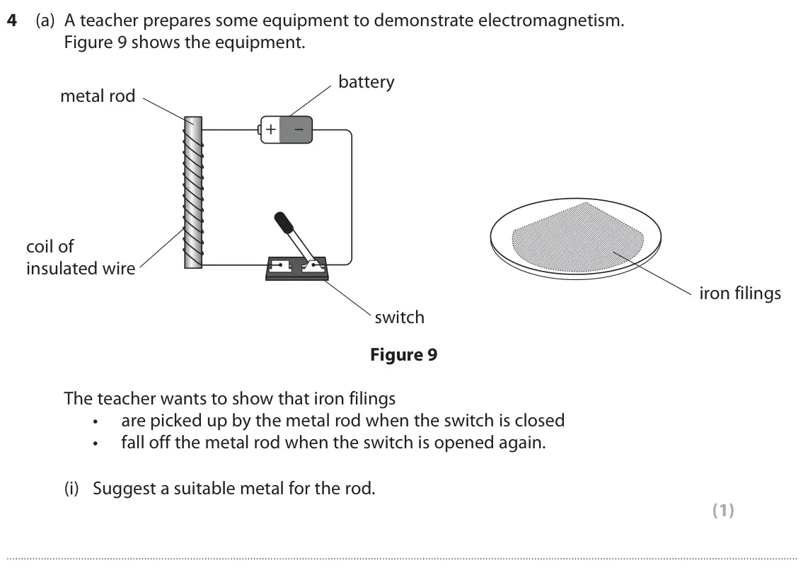 June 2022 Paper 2 Foundation, question 4(a)(i): Suggest a suitable metal for the rod. (1)