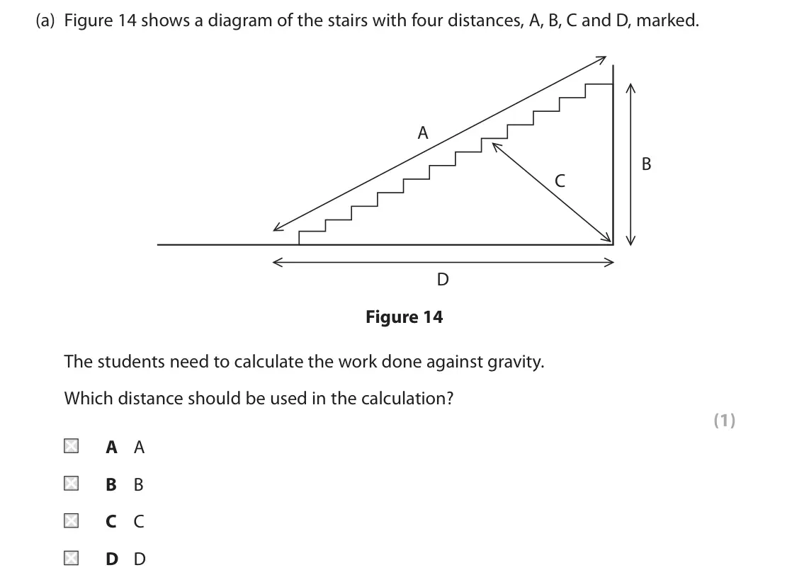 June 2022 Paper 2 Foundation, question 6(a): Figure 14 shows a diagram of the stairs with four distances, A, B, C and D, marked. A B C D Figure 14 The students need to calculate the work done against gravi