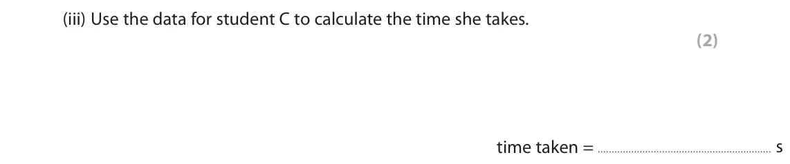 June 2022 Paper 2 Foundation, question 6(b)(iii): Use the data for student C to calculate the time she takes. (2) time taken = s