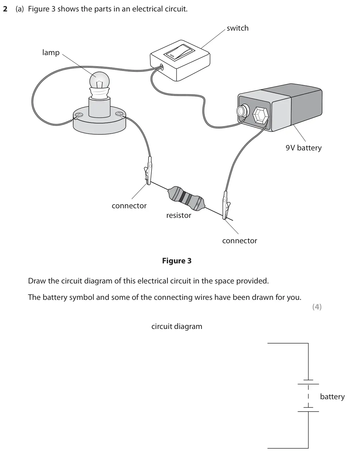 June 2023 Paper 2 Foundation, question 2(a): Figure 3 shows the parts in an electrical circuit. switch lamp 9 V battery connector resistor connector Figure 3 Draw the circuit diagram of this electrical cir