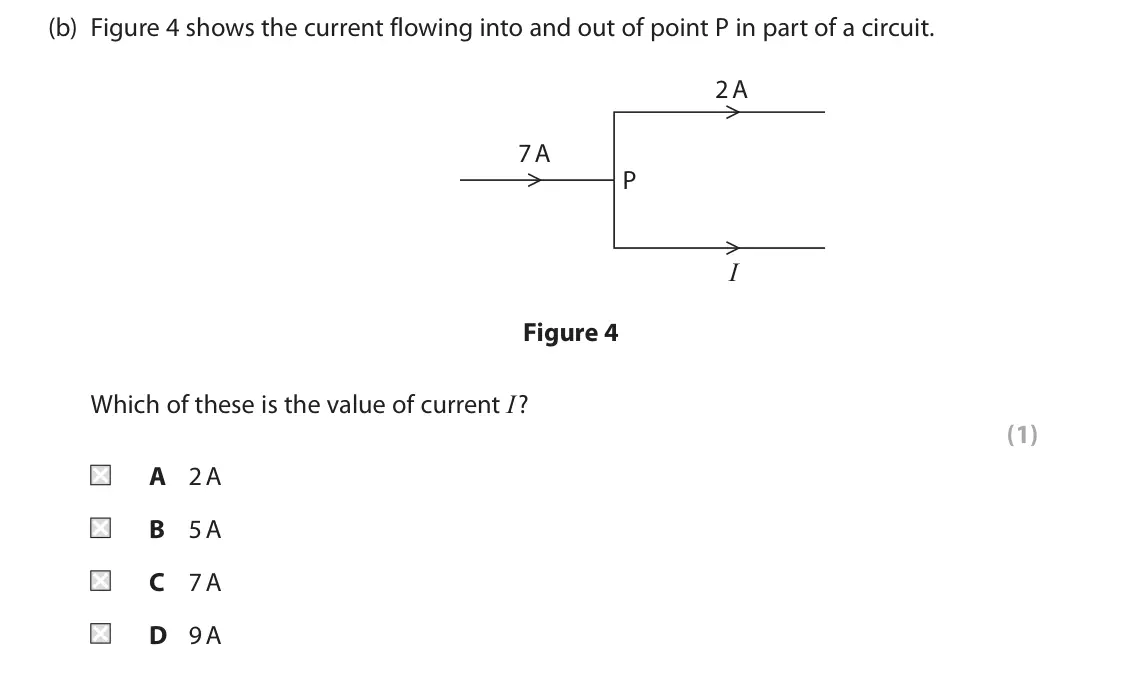 June 2023 Paper 2 Foundation, question 2(b): Figure 4 shows the current flowing into and out of point P in part of a circuit. 2 A 7 A P I Figure 4 Which of these is the value of current I? (1) A 2 A B 5 A
