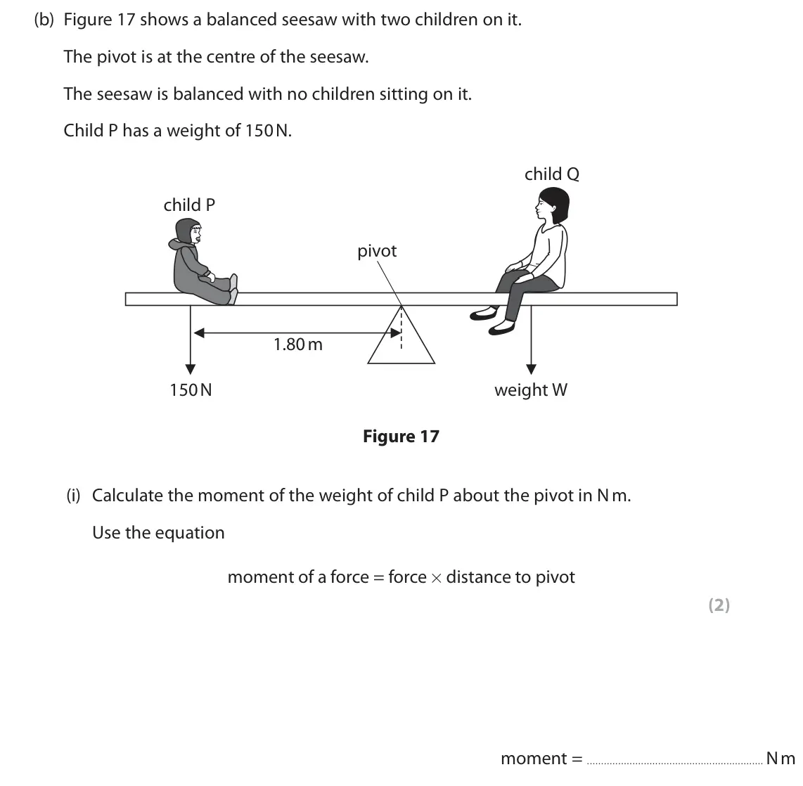 June 2023 Paper 2 Foundation, question 7(b)(i): Calculate the moment of the weight of child P about the pivot in N m. Use the equation moment of a force = force × distance to pivot (2) moment = N m