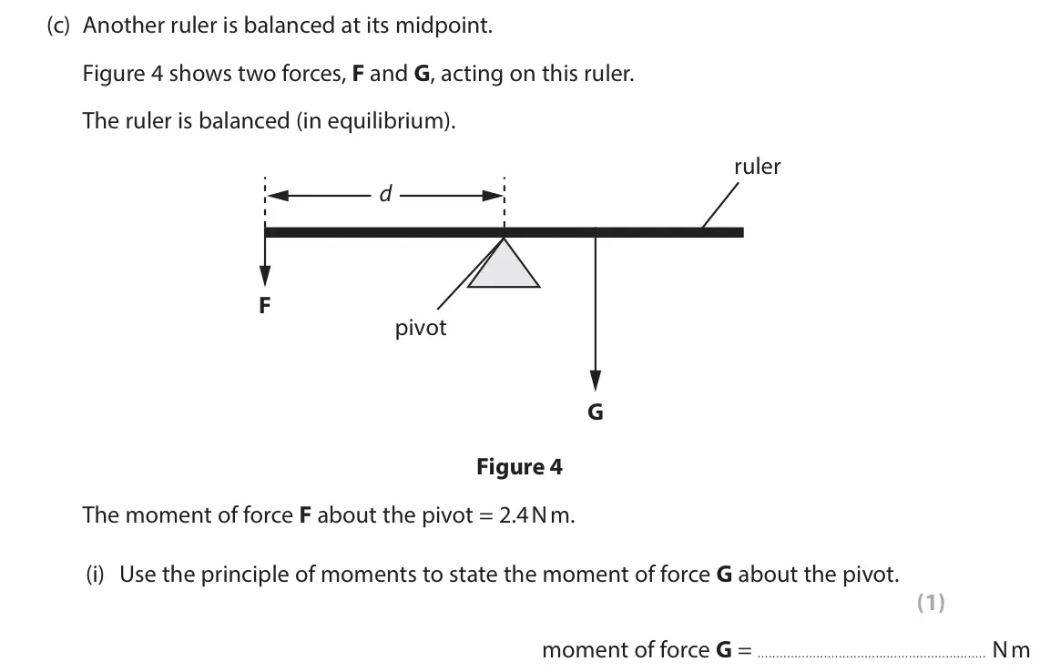 June 2024 Paper 2 Foundation, question 2(c)(i): Use the principle of moments to state the moment of force G about the pivot. (1)  moment of force G = N m