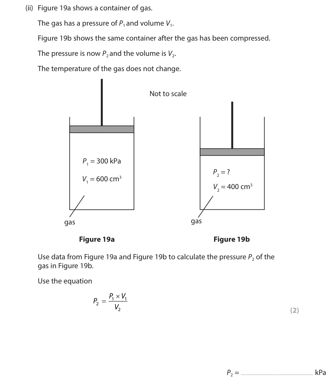 June 2024 Paper 2 Foundation, question 7(b)(ii): Figure 19a shows a container of gas. The gas has a pressure of P1 and volume V1. Figure 19b shows the same container after the gas has been compressed. The pres