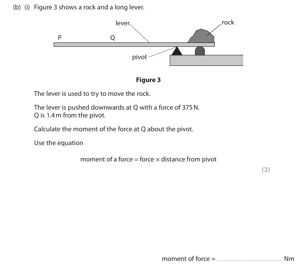 June 2025 Paper 2 Foundation, question 2(b)(i): Figure 3 shows a rock and a long lever. rock lever P Q pivot Figure 3 The lever is used to try to move the rock. The lever is pushed downwards at Q with a force