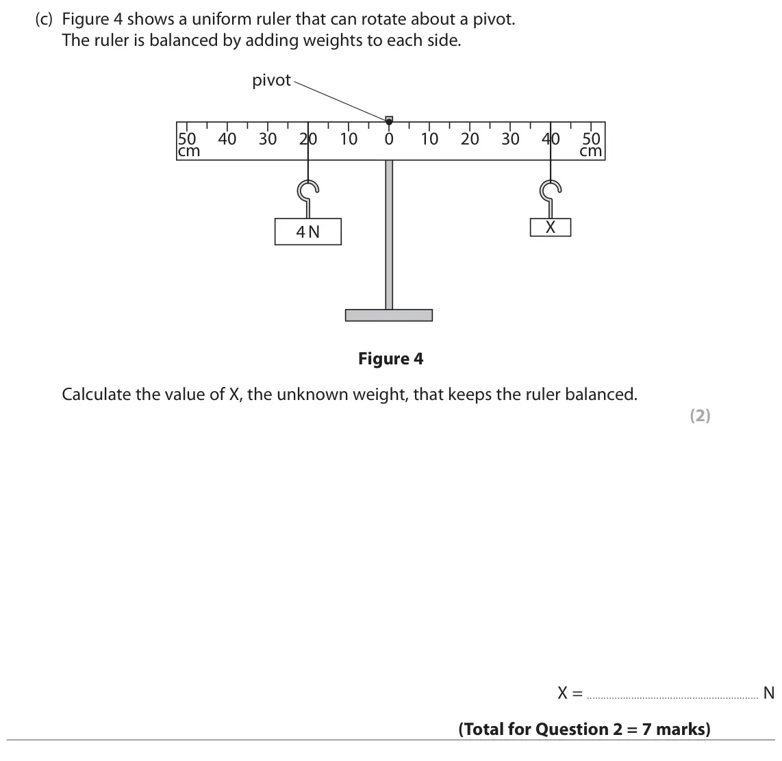 June 2025 Paper 2 Foundation, question 2(c): Figure 4 shows a uniform ruler that can rotate about a pivot. The ruler is balanced by adding weights to each side. pivot 50 40 30 20 10 0 10 20 30 40 50 cm cm 