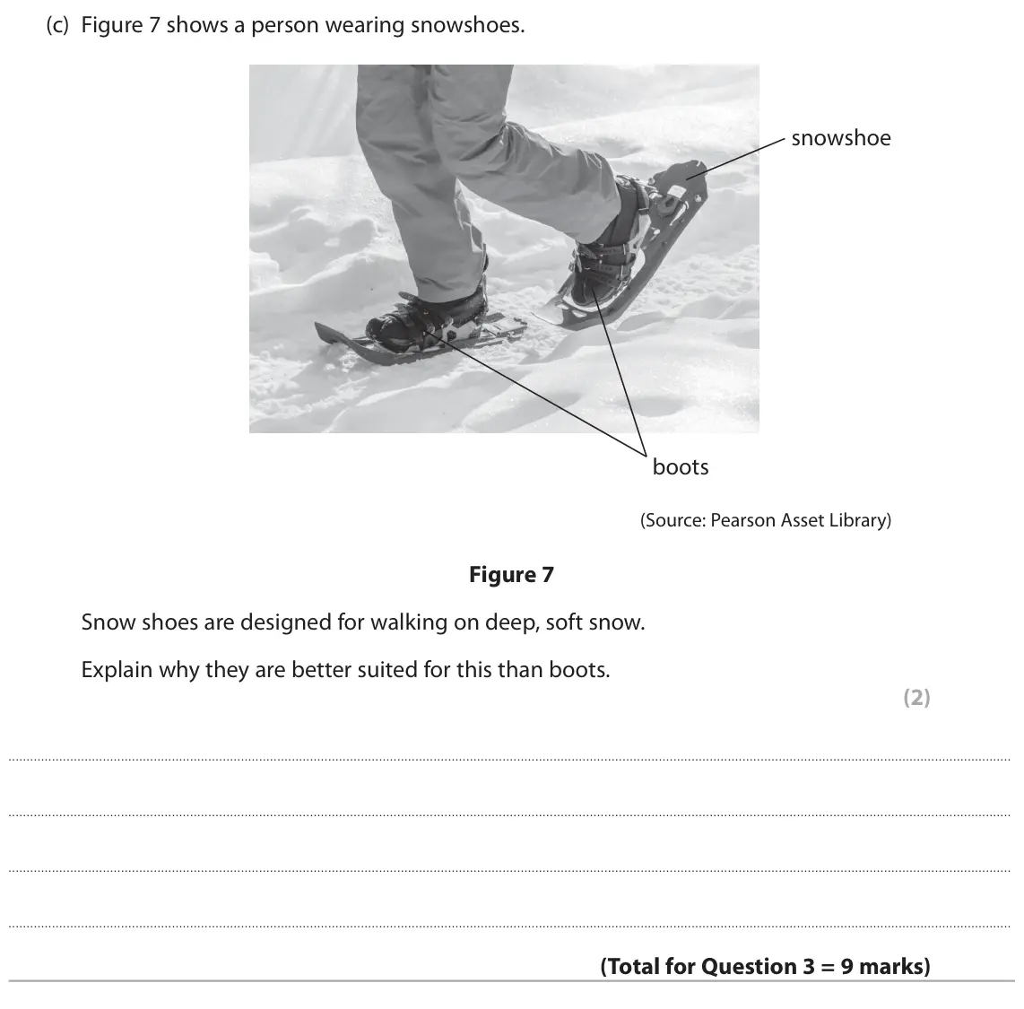 June 2025 Paper 2 Foundation, question 3(c): Figure 7 shows a person wearing snowshoes. snowshoe boots (Source: Pearson Asset Library) Figure 7 Snow shoes are designed for walking on deep, soft snow. Expla