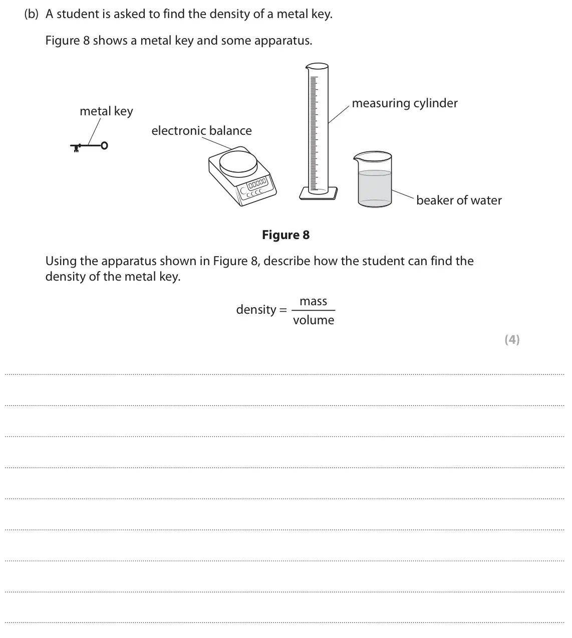 June 2025 Paper 2 Foundation, question 4(b): A student is asked to find the density of a metal key. Figure 8 shows a metal key and some apparatus. measuring cylinder metal key electronic balance beaker of