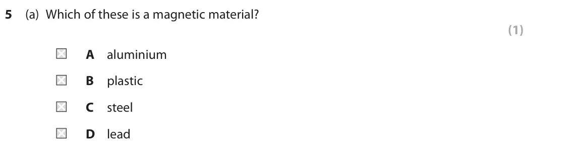 June 2025 Paper 2 Foundation, question 5(a): Which of these is a magnetic material? (1) A aluminium B plastic C steel D lead