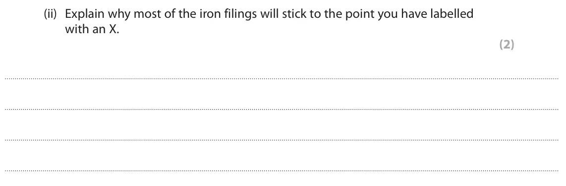 June 2025 Paper 2 Foundation, question 5(c)(ii): Explain why most of the iron filings will stick to the point you have labelled with an X. (2)