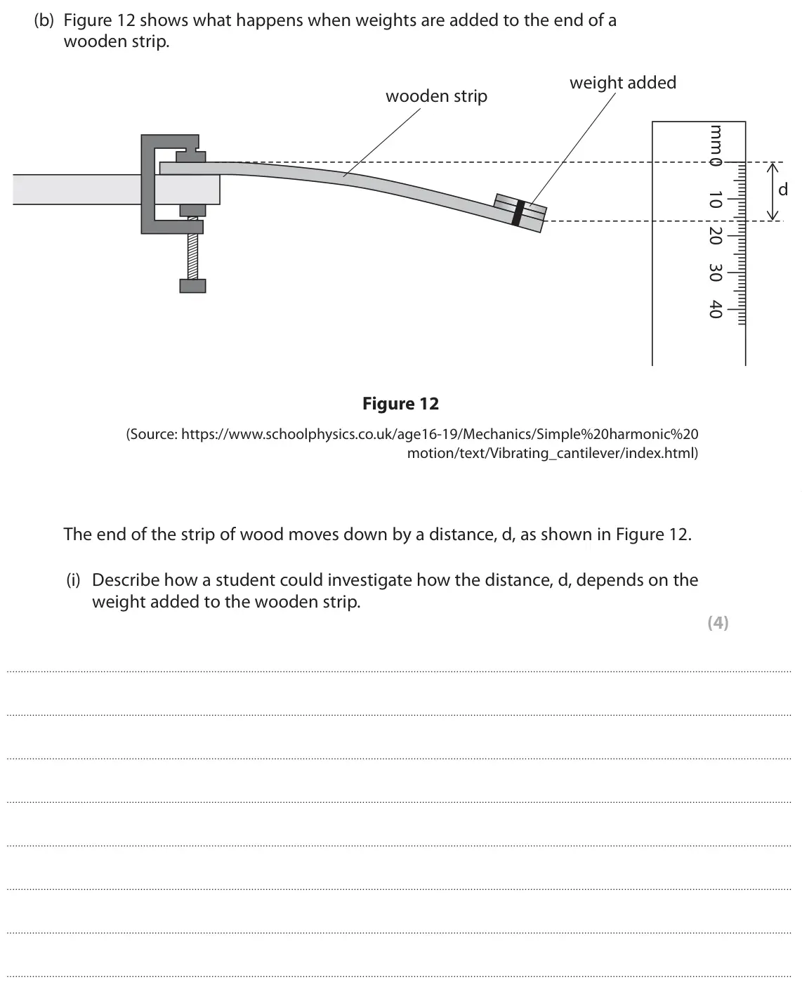 June 2025 Paper 2 Foundation, question 6(b)(i): Describe how a student could investigate how the distance, d, depends on the weight added to the wooden strip. (4)