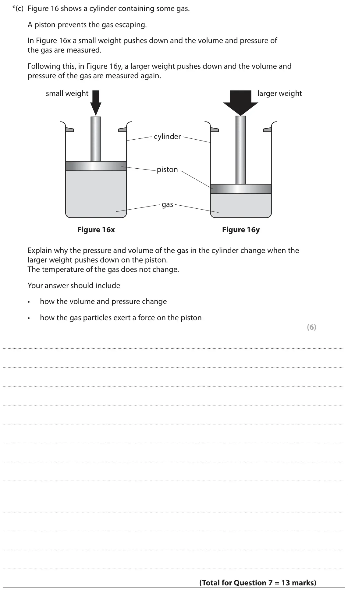 June 2025 Paper 2 Foundation, question 7(c): Figure 16 shows a cylinder containing some gas. A piston prevents the gas escaping. In Figure 16x a small weight pushes down and the volume and pressure of the 