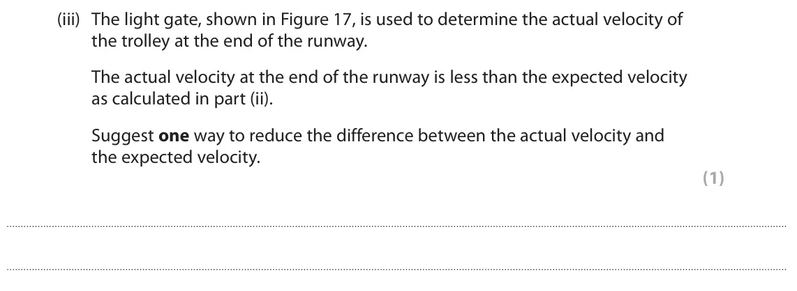 June 2025 Paper 2 Foundation, question 8(a)(iii): The light gate, shown in Figure 17, is used to determine the actual velocity of the trolley at the end of the runway. The actual velocity at the end of the runw