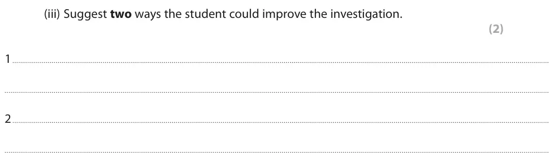 November 2021 Paper 2 Foundation, question 3(b)(iii): Suggest two ways the student could improve the investigation. (2) 1 2