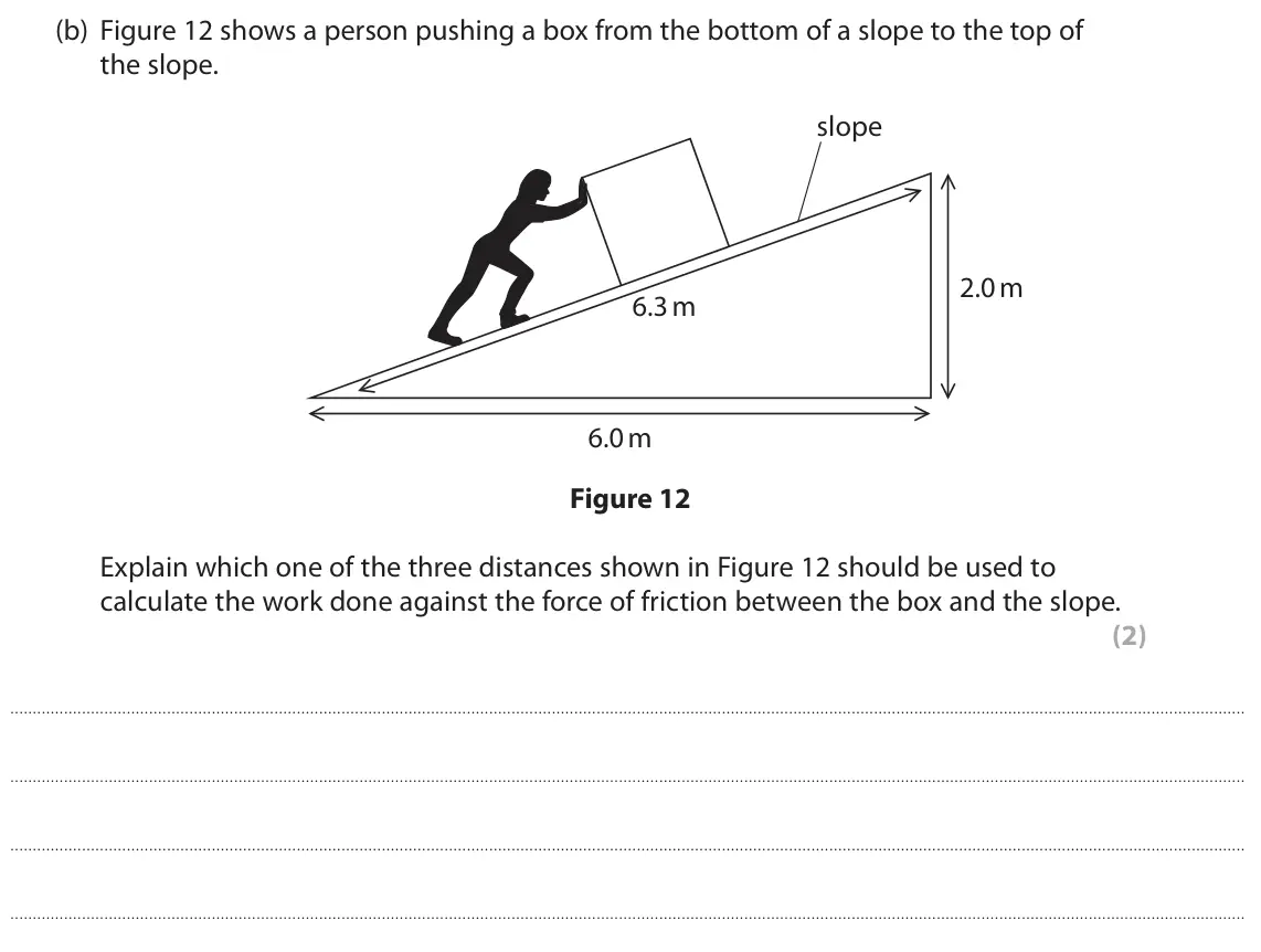 November 2021 Paper 2 Foundation, question 6(b): Figure 12 shows a person pushing a box from the bottom of a slope to the top of the slope. slope 2.0 m 6.3 m 6.0 m Figure 12 Explain which one of the three dist