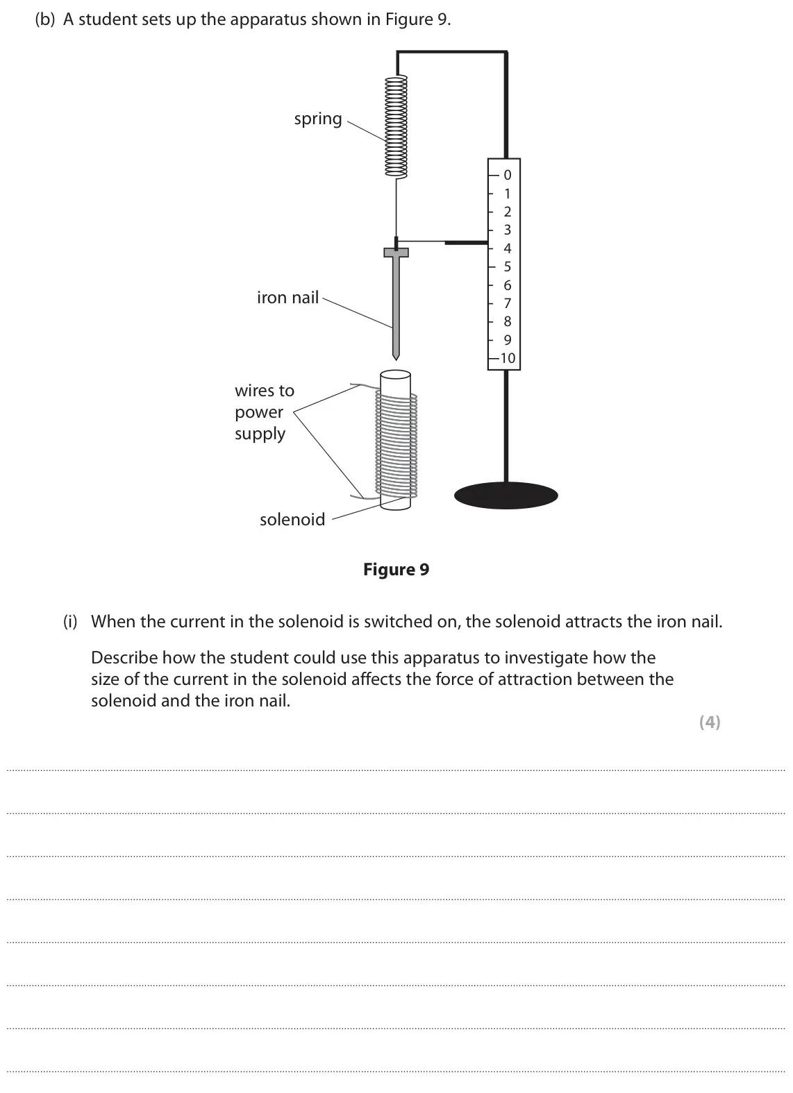 June 2018 Paper 2 Higher, question 5(b)(i): When the current in the solenoid is switched on, the solenoid attracts the iron nail. Describe how the student could use this apparatus to investigate how the s