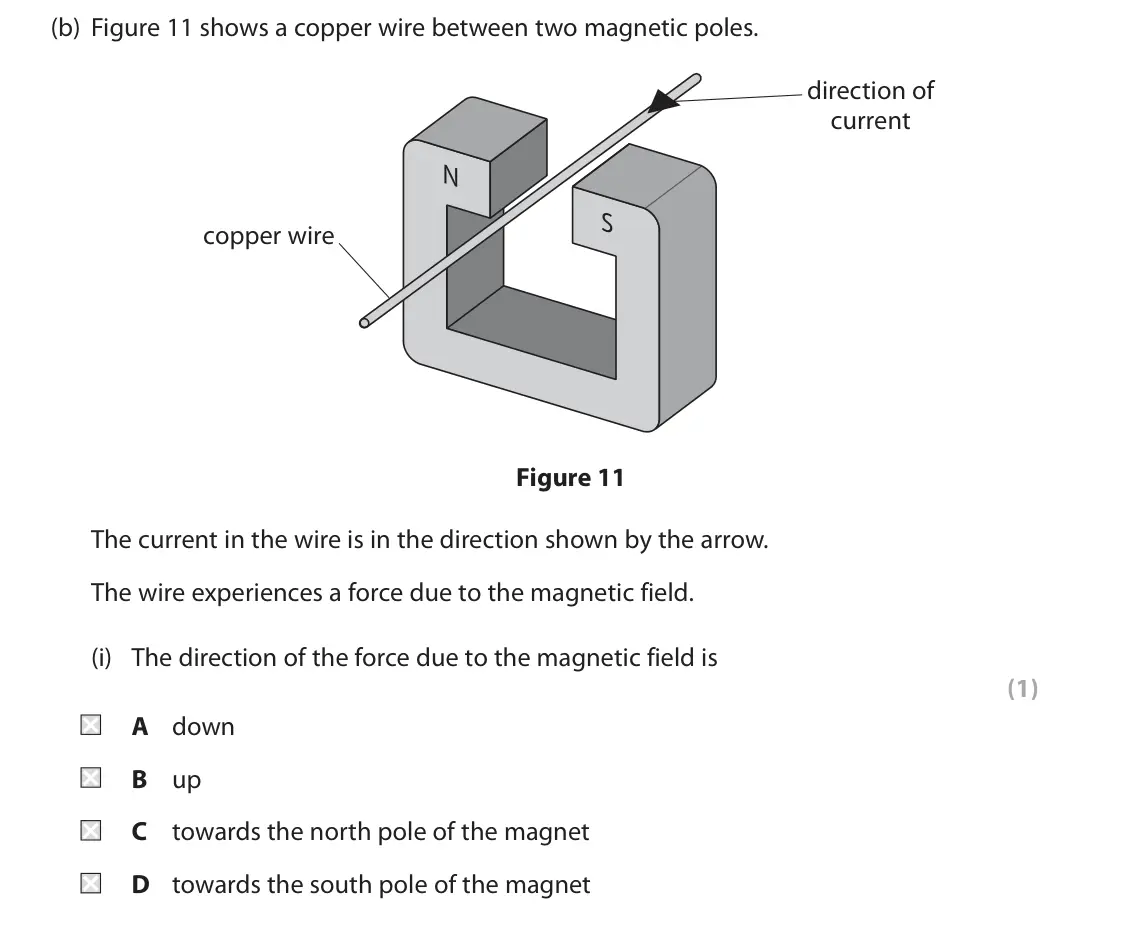June 2019 Paper 2 Higher, question 5(b)(i): The direction of the force due to the magnetic field is (1) A down B up C towards the north pole of the magnet D towards the south pole of the magnet