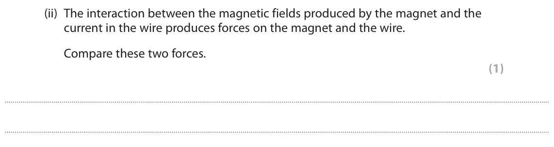 June 2019 Paper 2 Higher, question 5(b)(ii): The interaction between the magnetic fields produced by the magnet and the current in the wire produces forces on the magnet and the wire. Compare these two for
