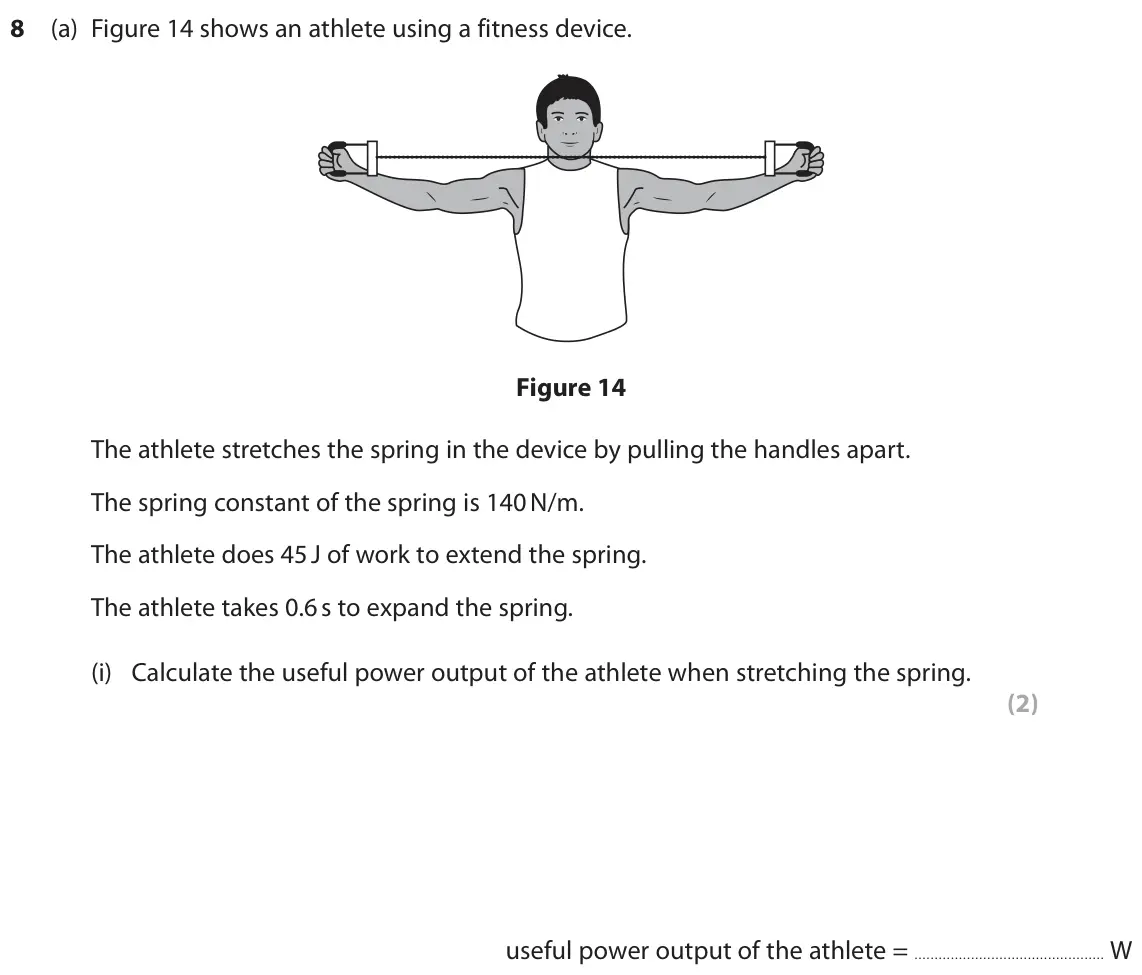 June 2019 Paper 2 Higher, question 8(a)(i): Calculate the useful power output of the athlete when stretching the spring. (2) useful power output of the athlete = W