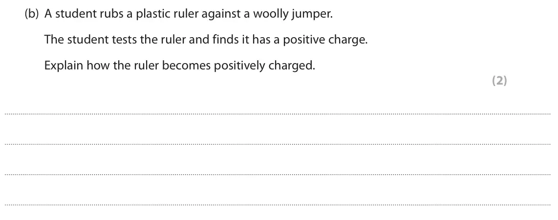June 2022 Paper 2 Higher, question 1(b): A student rubs a plastic ruler against a woolly jumper. The student tests the ruler and finds it has a positive charge. Explain how the ruler becomes positively