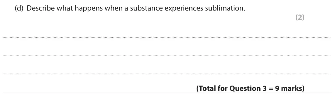 June 2022 Paper 2 Higher, question 3(d): Describe what happens when a substance experiences sublimation. (2)