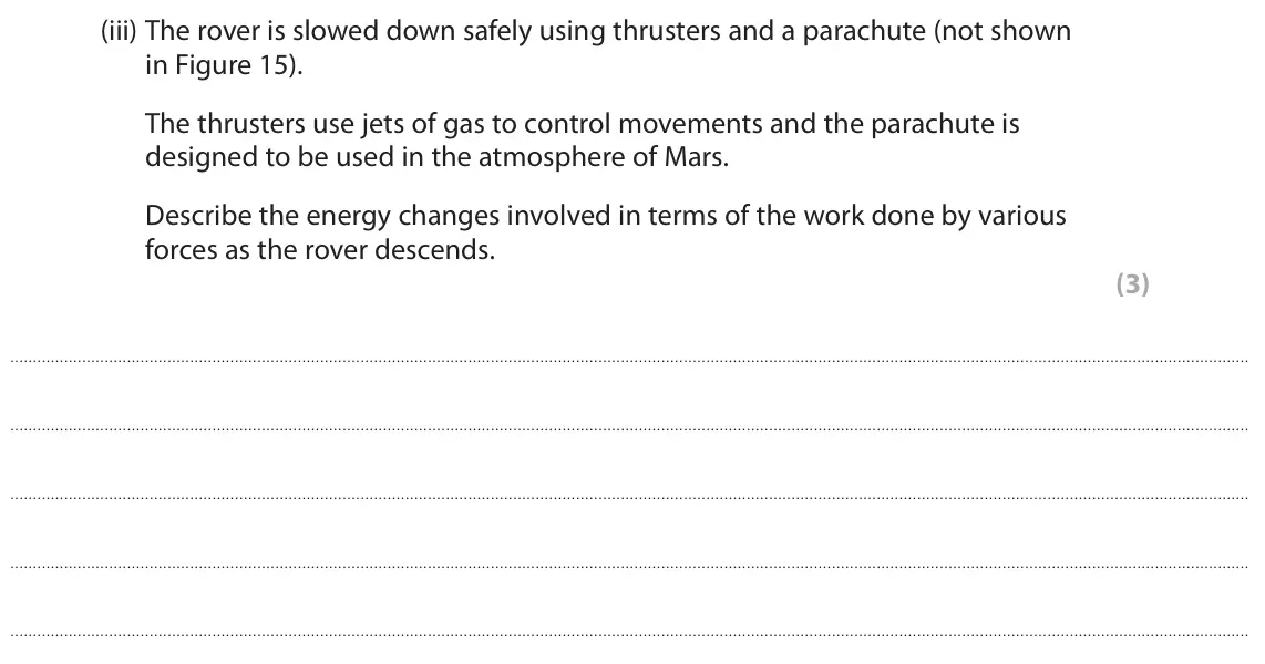 June 2022 Paper 2 Higher, question 7(a)(iii): The rover is slowed down safely using thrusters and a parachute (not shown in Figure 15). The thrusters use jets of gas to control movements and the parachute i