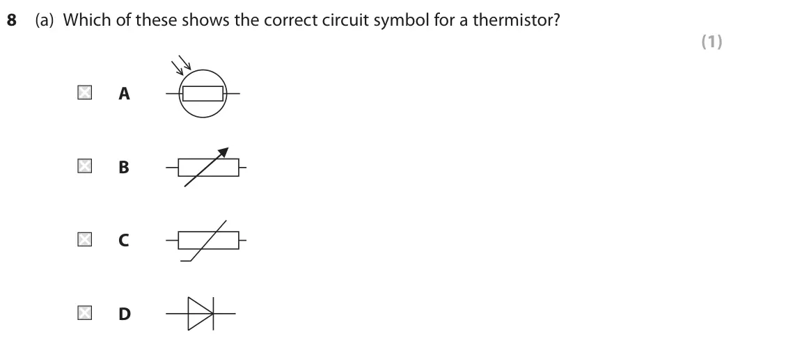 June 2022 Paper 2 Higher, question 8(a): Which of these shows the correct circuit symbol for a thermistor? (1) A B C D