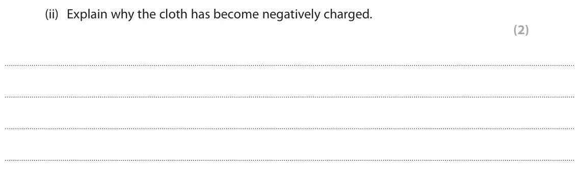 June 2023 Paper 2 Higher, question 1(a)(ii): Explain why the cloth has become negatively charged. (2)