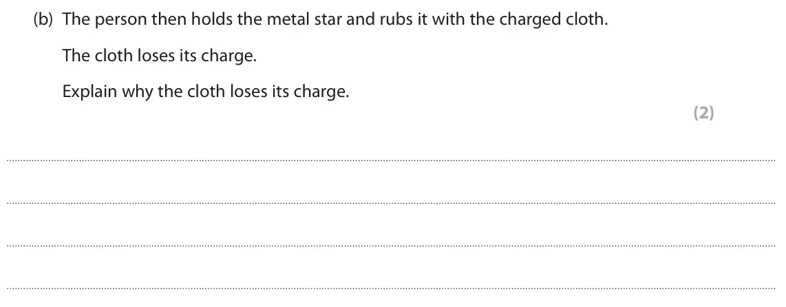 June 2023 Paper 2 Higher, question 1(b): The person then holds the metal star and rubs it with the charged cloth. The cloth loses its charge. Explain why the cloth loses its charge. (2)