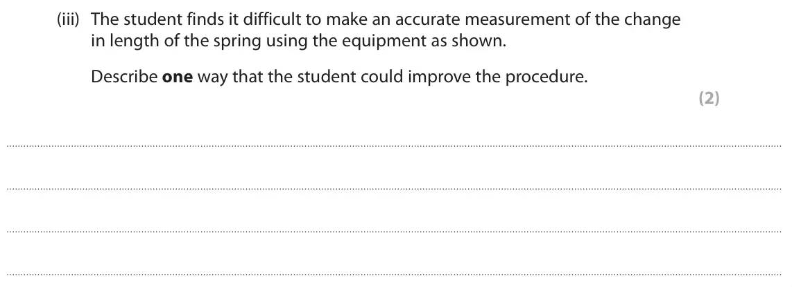 June 2023 Paper 2 Higher, question 7(a)(iii): The student finds it difficult to make an accurate measurement of the change in length of the spring using the equipment as shown. Describe one way that the stu