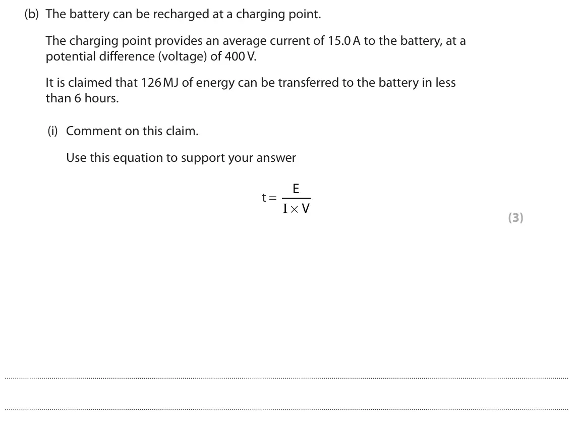 June 2023 Paper 2 Higher, question 8(b)(i): Comment on this claim. Use this equation to support your answer E t = I× V (3)