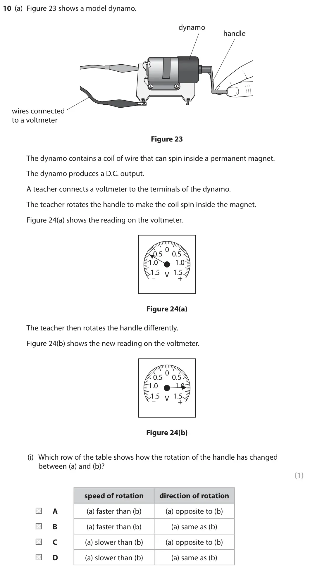 June 2023 Paper 2 Higher, question 10(a)(i): Which row of the table shows how the rotation of the handle has changed between (a) and (b)? (1) speed of rotation direction of rotation A (a) faster than (b) (