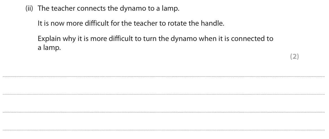 June 2023 Paper 2 Higher, question 10(a)(ii): The teacher connects the dynamo to a lamp. It is now more difficult for the teacher to rotate the handle. Explain why it is more difficult to turn the dynamo wh