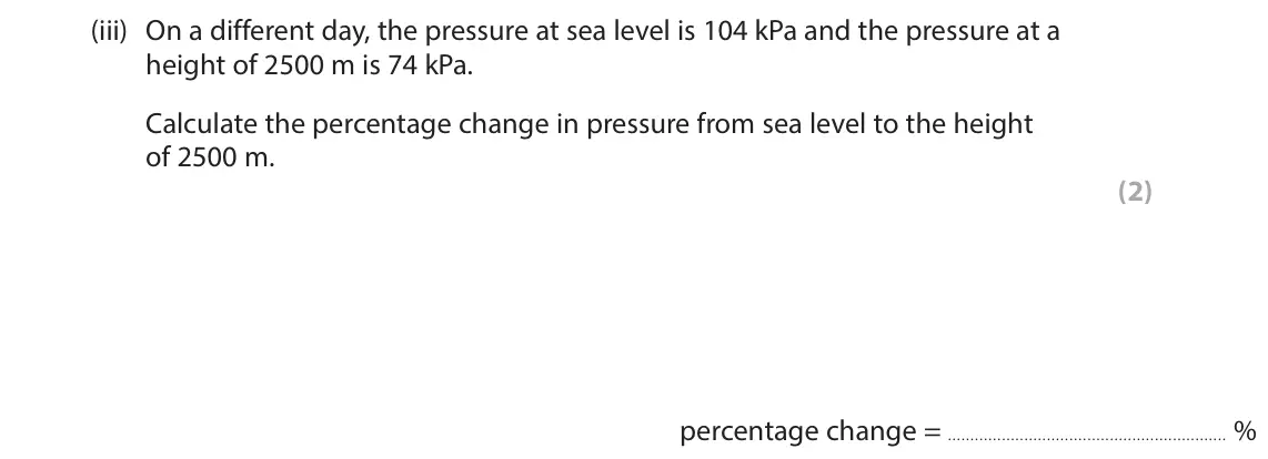 June 2024 Paper 2 Higher, question 4(c)(iii): On a different day, the pressure at sea level is 104 kPa and the pressure at a height of 2500 m is 74 kPa. Calculate the percentage change in pressure from sea 