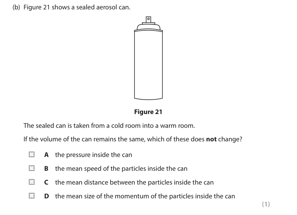 June 2024 Paper 2 Higher, question 9(b): Figure 21 shows a sealed aerosol can. Figure 21 The sealed can is taken from a cold room into a warm room. If the volume of the can remains the same, which of t
