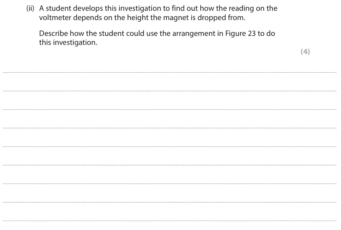 June 2024 Paper 2 Higher, question 10(a)(ii): A student develops this investigation to find out how the reading on the voltmeter depends on the height the magnet is dropped from. Describe how the student co