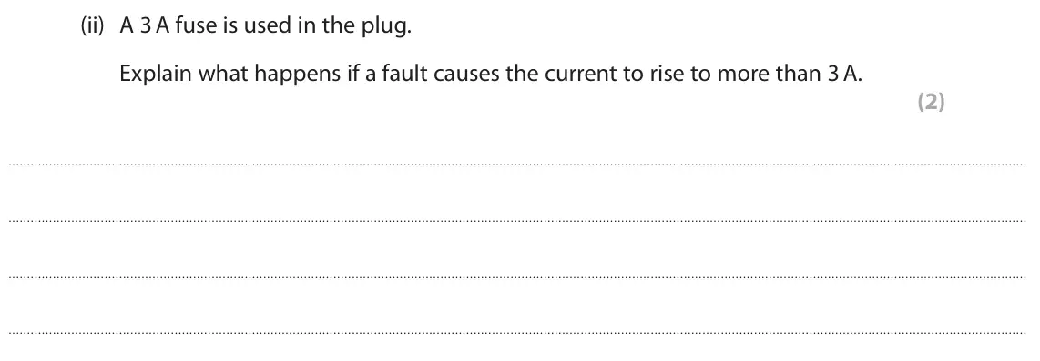 June 2025 Paper 2 Higher, question 3(c)(ii): A 3 A fuse is used in the plug. Explain what happens if a fault causes the current to rise to more than 3 A. (2)