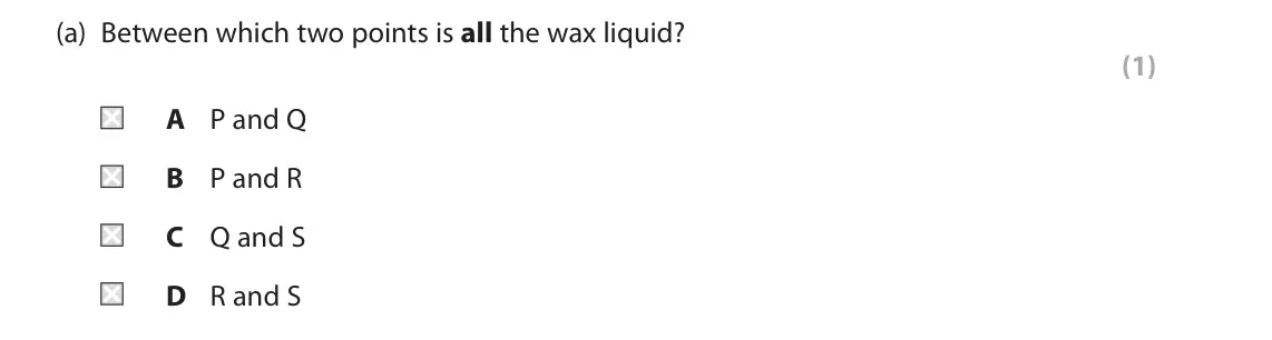 June 2025 Paper 2 Higher, question 5(a): Between which two points is all the wax liquid? (1) A P and Q B P and R C Q and S D R and S