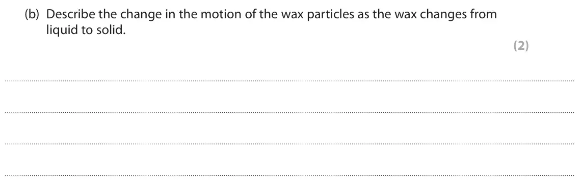 June 2025 Paper 2 Higher, question 5(b): Describe the change in the motion of the wax particles as the wax changes from liquid to solid. (2)