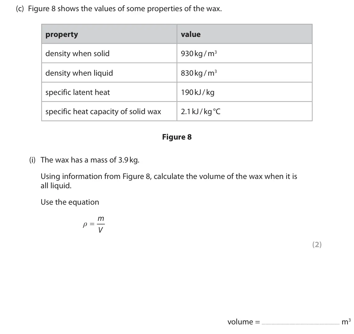 June 2025 Paper 2 Higher, question 5(c)(i): The wax has a mass of 3.9 kg. Using information from Figure 8, calculate the volume of the wax when it is all liquid. Use the equation m ρ O V (2) volume = m3