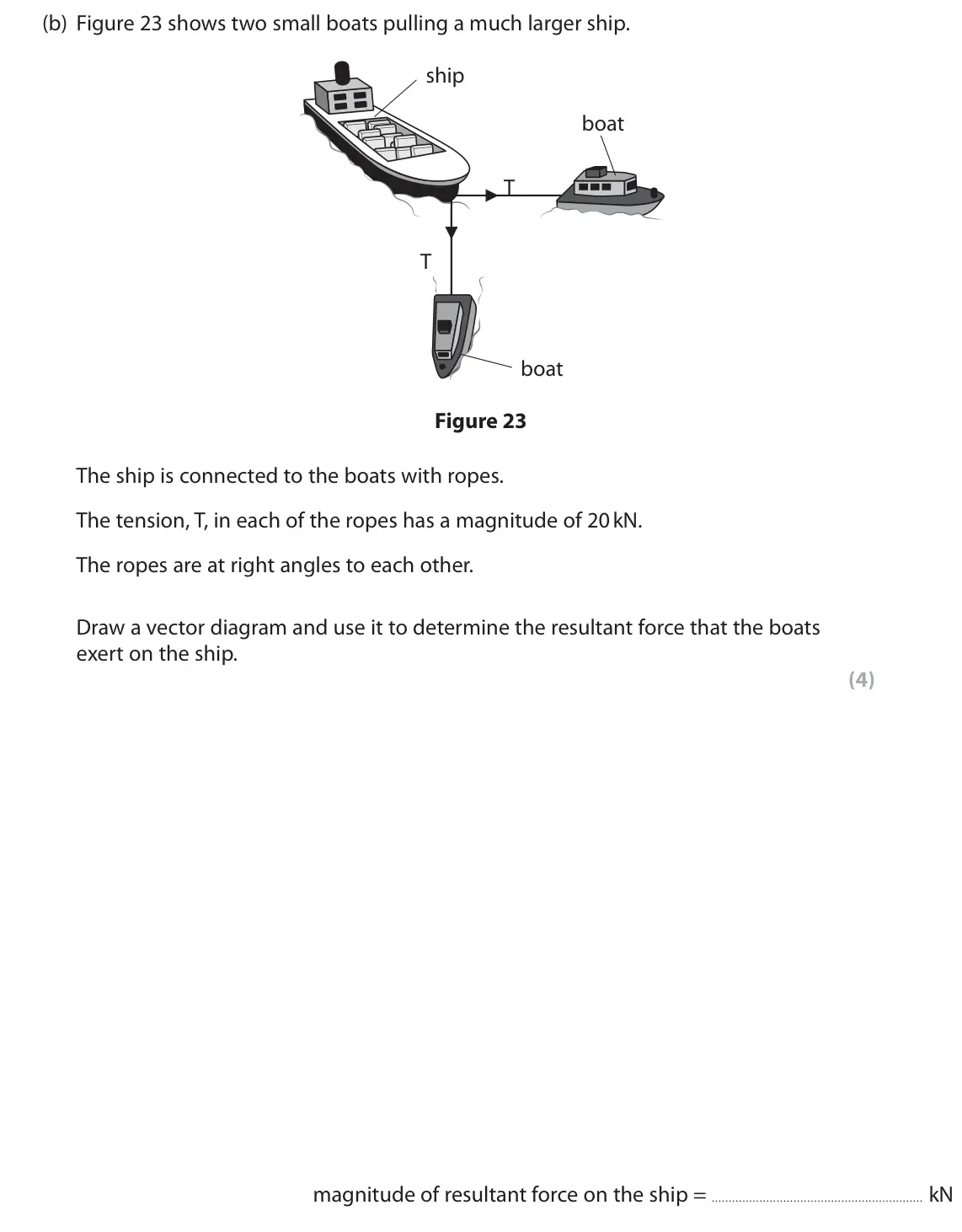 November 2020 Paper 2 Higher, question 9(b): Figure 23 shows two small boats pulling a much larger ship. ship boat T T boat Figure 23 The ship is connected to the boats with ropes. The tension, T, in each