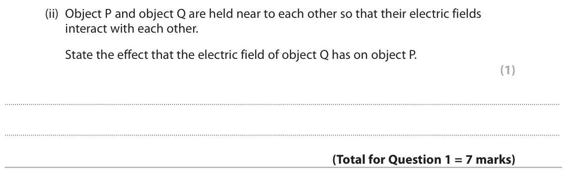 November 2021 Paper 2 Higher, question 1(c)(ii): Object P and object Q are held near to each other so that their electric fields interact with each other. State the effect that the electric field of object Q h